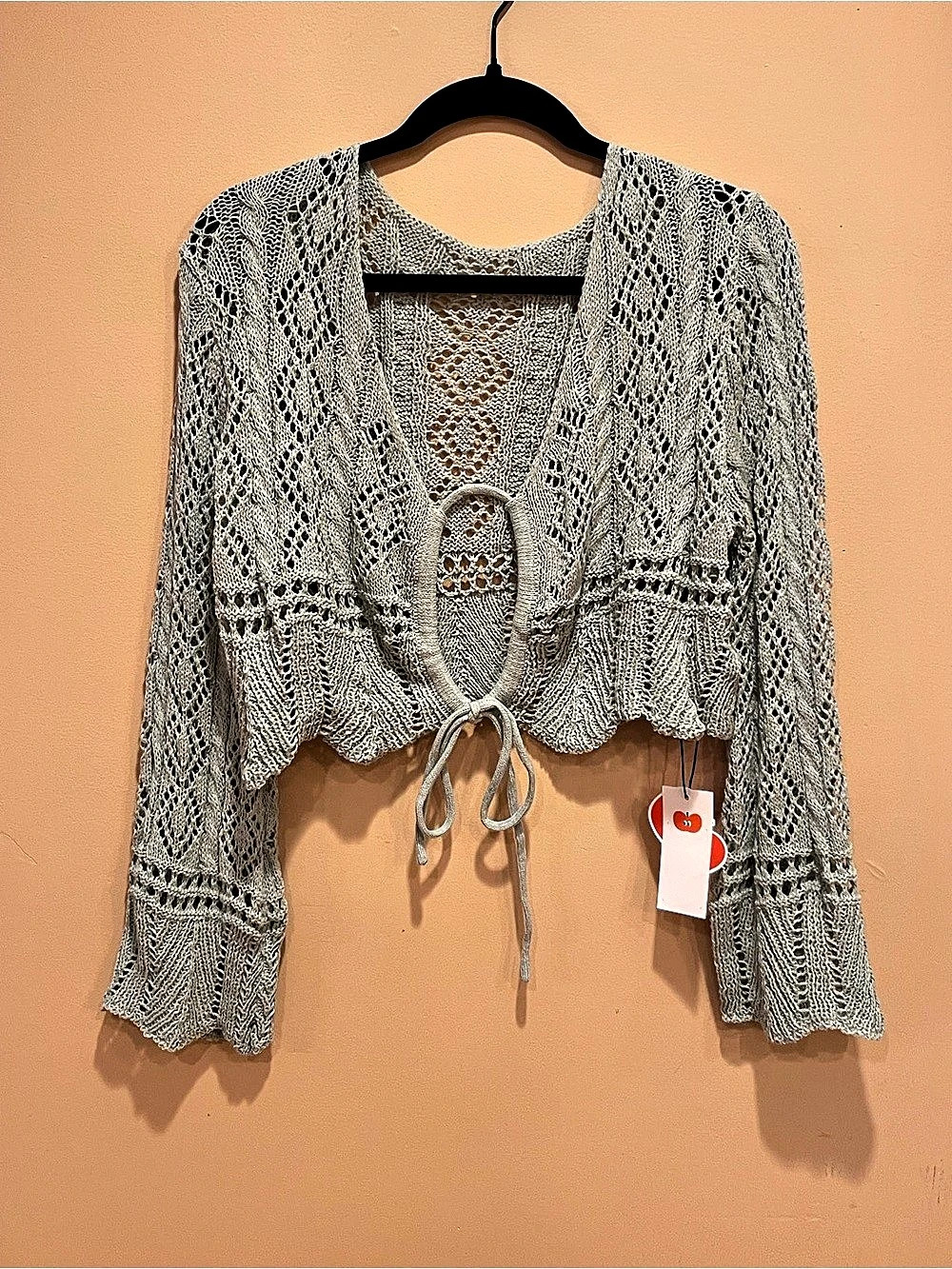Cider Open Knit Tie-Front Shrug in Light Greenish Gray NWT